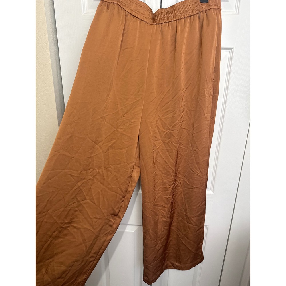 Worthington Wide Leg Satin Pants Lion Brown Elastic Waist Size L NWT High Rise